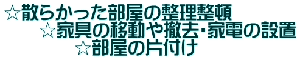 ☆散らかった部屋の整理整頓 　　☆家具の移動や撤去・家電の設置 　　　　☆部屋の片付け